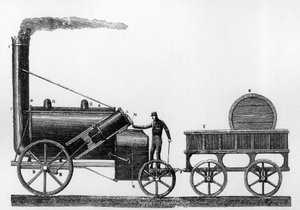 Rocket, parní lokomotiva navržená a postavená Georgem a Robertem Stephensonem v roce 1829 pro železnici Liverpool-Manchester (rytina) od English School
