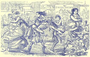 Římané odcházející se Sabinkami, ilustrace z knihy The Comic History of Rome od Gilberta Abbotta a Becketta, vydané kolem roku 1850 (digitálně upravený obrázek) od English School