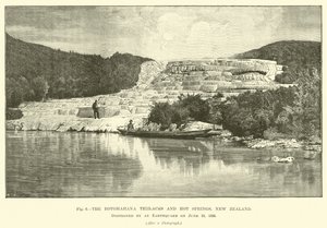 Terasy a horké prameny Rotomahana, Nový Zéland, zničené zemětřesením 10. června 1886 od English School