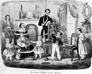 Královské děti v jeslích, T. H. A. E., 1847 od English School