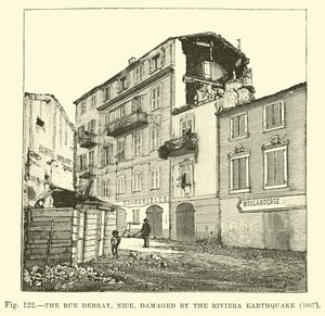 Rue Debray, Nice, poškozená zemětřesením na Riviéře, 1887 od English School