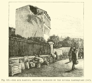 Rue Partono, Mentone, poškozená zemětřesením na Riviéře, 1887 od English School