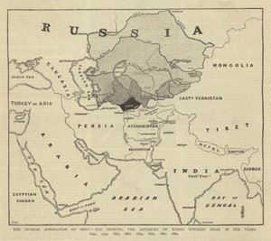 Ruská anexe Mervu, mapa znázorňující pokrok Ruska směrem k Indii v letech 1734, 1836, 1863, 1867, 1874, 1876, 1881, 1884 od English School