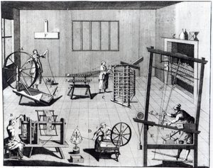Druhá deska vlněné manufaktury s ukázkou umění předení, navíjení, soukání a tkaní vlněné látky, vyrytá pro „The Universal Magazine“, 1749 od English School