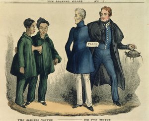 The Siamese Youths - Our Own Youths, satirická karikatura z The Looking Glass, kolem roku 1829 (barevný lept) od English School