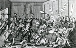 Obléhání hradu Warwick aneb Bitva mezi členy a držiteli licence, 1768 od English School