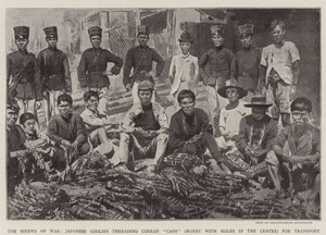 Válečné šlachy, japonští kuliové navlékají korejskou „hotovost“ (peníze s otvory ve středu) pro dopravu (litho) od English School