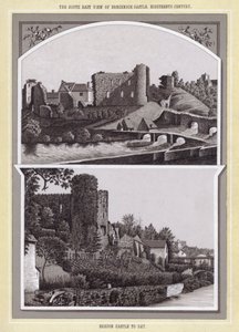 Jihovýchodní pohled na hrad Brecknock, 18. století; Brecon Castle dnes (litho) od English School