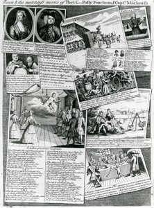 Stage Medley představující zdvořilý vkus města a bezkonkurenční zásluhy básníka G., Polly Peachumové a kapitána Macheatha, kolem roku 1728 od English School