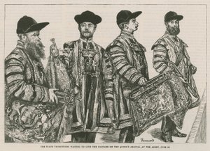 Státní trubači čekající na fanfáru při příjezdu Queenů do opatství od English School