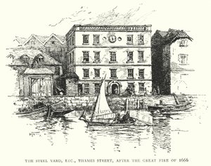 Steel Yard atd., Thames Street, po velkém požáru v roce 1666 (rytina) od English School