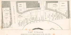 Strand, Londýn, před jeho zlepšením v roce 1810; plán oblasti od English School