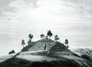 Chrám Boro Bodo v okrese Boro v Kedu, z „Dějiny Jávy“ od Thomase Stamforda Rafflese (1781-1826), publikoval 1830 (druhé vydání) (litho) od English School