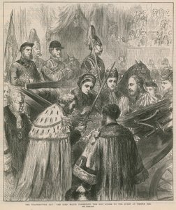 Den díkůvzdání: Starosta předává meč královně v Temple Bar od English School
