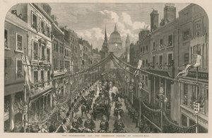 Den díkůvzdání: průvod procházející nahoru Ludgate Hill