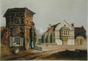 The Treaty House, Uxbridge, z Ackermannova „Repository of Arts“, publikovaného na počátku 19. století (barevné lito) od English School