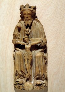 Bůh Trojice pokoušel svého syna Ježíše na kříž. Socha v albatru anglické školy. Paříž 15. století, Národní muzeum středověku, Thermes de Cluny od English School