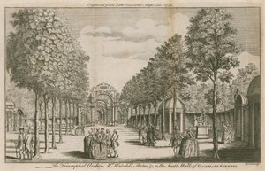 Triumfální oblouky, socha pana Handelse, v South Walk of Vauxhall Gardens v Londýně od English School