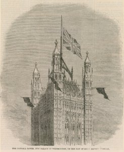 Victoria Tower, nový Westminsterský palác, v den pohřbu sira C Barnetse od English School