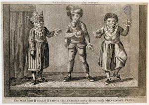 Divoké zrozené lidské bytosti (dvě ženy a muž) s monstrózními krávy, jak byly vystaveny na Haymarket, vytištěny pro Carington Bowles, 1787 od English School