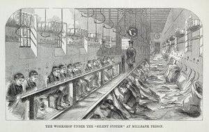 Workshop under the Silent System ve věznici Millbank, z The Criminal Prisons of London a Scenes of Prison Life od Henry Mayhew (1812-87) a John Binny, 1862 od English School