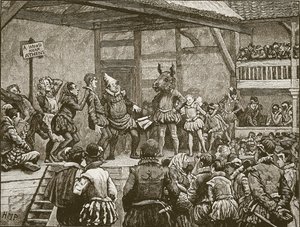 Hra jedné ze Shakespearových her v době královny Alžběty, ilustrace z Cassells Illustrated History of England (sépiová fotografie) od English School