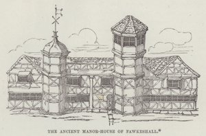 Starobylé panské sídlo Fawkeshall (rytina) od English School