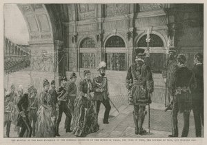 Příjezd k hlavnímu vchodu do Imperiálního institutu prince z Walesu, vévody z Yorku, vévodkyně z Tecku a princezny May od English School