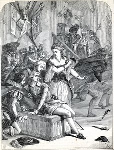 Zavraždění Gustava III. Jackobem Johanem Anckarströmem na maškarním plese, Stockholm, Švédsko, 1792 (rytina) od English School