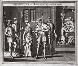 Spálení ruky Rose Allins od Edmunda Tyrilla, ilustrace z Foxes Martyrs c.1703 od English School