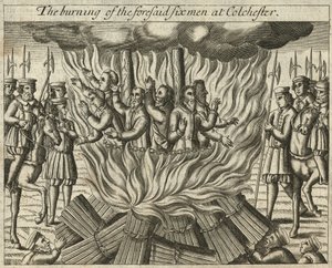 Upálení zmíněných šesti mužů v Colchesteru (rytina) od English School