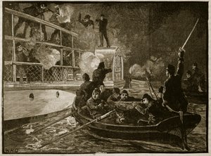 Zajetí lodi Caroline, 1837, ilustrace z Cassells Illustrated History of England (sépiová fotografie) od English School