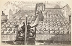 Kaple s odděleným systémem ve věznici Pentonville během bohoslužby, ilustrace z knihy The Criminal Prisons of London and Scenes from Prison Life od Henryho Mayhewa a Johna Binnyho, vyd. 1862 od English School