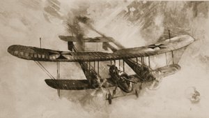 Příchod velkého bojového letounu: německý dvouplošník dvojnásobné velikosti, který nasadili britští letci, z The Illustrated War News od English School