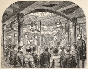 Odsouzenecká kaple na palubě lodi Defence hulk ve Woolwichi, ilustrace z knihy The Criminal Prisons of London and Scenes from Prison Life od Henryho Mayhewa a Johna Binnyho, pub. 1862 od English School