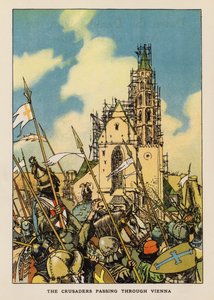 Křižáci projíždějící Vídní (barevná litografie) od English School