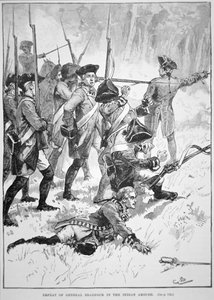 Porážka a smrt generála Edwarda Braddocka v indickém Ambush (litho) od English School