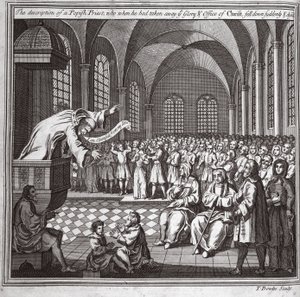 Popis papežského kněze, který když vám vzal slávu a úřad Krista, náhle upadl a zemřel, ilustrace z Foxes Martyrs kolem roku 1703 od English School