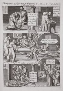 Popis otravy krále Jana mnichem z opatství Swinstead v Lincolnshire, ilustrace z Acts and Monuments od Johna Foxe, deváté vydání, pub. 1684 od English School