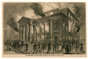 Zničení divadla Covent Garden v Londýně ráno 5. března 1856 od English School