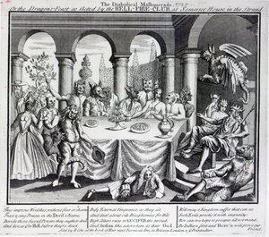 Ďábelská maska, neboli dračí hostina v podání Hell-Fire-Club, v Somerset House in the Strand, kolem roku 1721 od English School