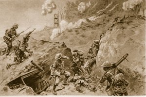 Hrůzné prohlubně, které vedly do Oppy Wood, britské bombardéry pracující podél německých zákopů, 1914-19 od English School