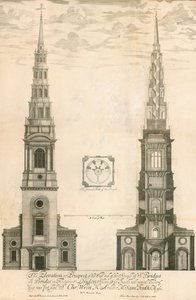 Nadmořská výška a výhled na západní konec věže kostela St Brides ve Fleet Street, Londýn
