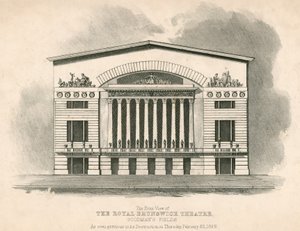 Pohled zepředu na divadlo The Royal Brunswick Theatre, Goodmans Fields, Londýn od English School
