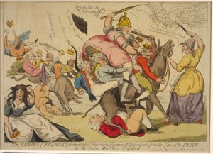 Génius Francie vyhlazující despotismus, tyranii a útlak z povrchu zemského aneb poražení královští válečníci, 1792 (ručně kolorovaný lept) od English School