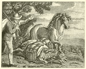 Kůň a naložený osel (rytina) od English School