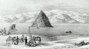 Houfnice u Pyramid Lake v lednu 1844, ze Zprávy o průzkumné expedici do Skalistých hor v roce 1842 a do Oregonu a Severní Karolíny v letech 1843-44 od Johna C. Fremonta, vydáno 1845 (lit od English School
