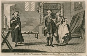 Vtipná fraška Jobsona a Nell z originálního obrazu ve Vauxhall Gardens v Londýně od English School