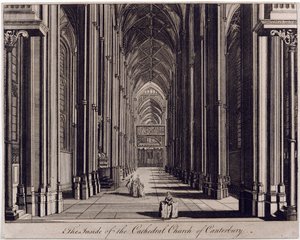 Vnitřek katedrálního kostela v Canterbury“, s výhledem na hlavní loď, ze západního konce, cca 1700-43 od English School