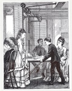 Nástroje pro přenos zpráv na Post Office Telegraph Headquarters, Telegraph Street, Londýn, z The Graphic, 1871 od English School